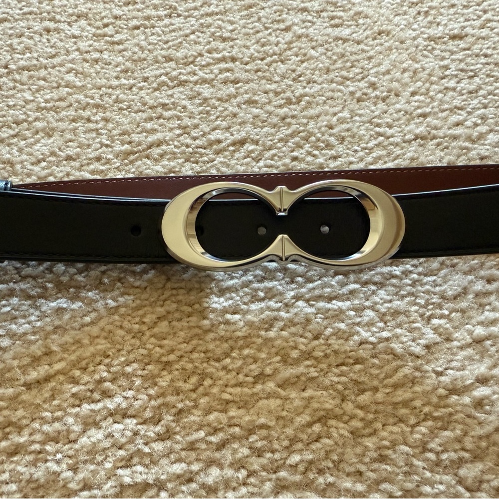 Elegant Black and Brown Coach Belt with Silver Buckle